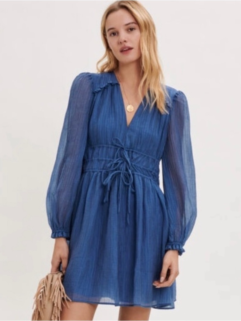 Maje Riala Long Sleeve Mini Dress in Blue Sz XS